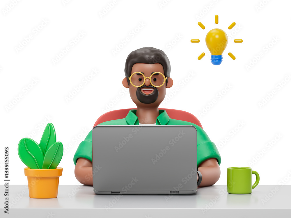 Poster a man sits at a desk with a laptop, symbolizing a comfortable and productive work environment. 3d re