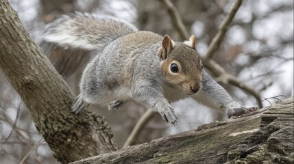 Obraz premium A squirrel leaping between branches of a tree - rodent nuts garden color