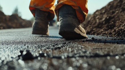 A construction site worker laying asphalt on a road. Featuring expertise and roadwork