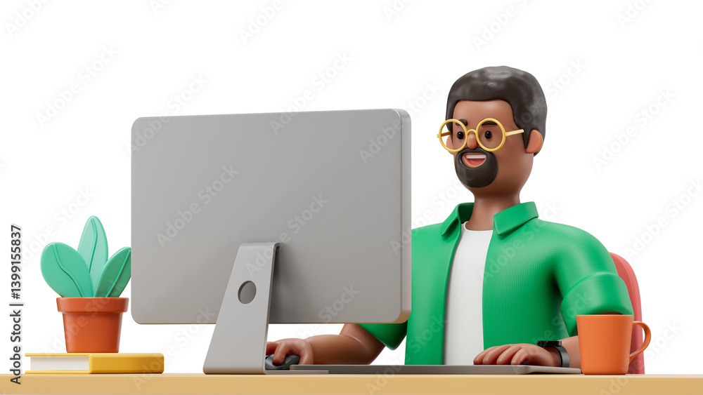 Poster a man is seated at a desk with a laptop, symbolizing a typical office environment and the daily work