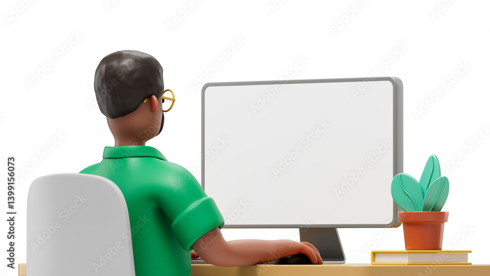 Fototapete a man sits at a desk facing away from the viewer, working on a computer with a blank screen, symboli