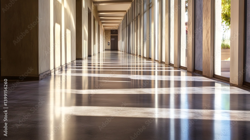 Poster modern architectural corridor with polished concrete floor, illuminated by sunlight streaming throug