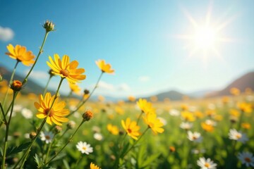 Fototapeta premium Wildflowers blooming in a sunny meadow with gentle breeze , , gentle breeze