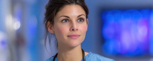 Fototapeta premium A confident healthcare professional in scrubs, showing compassion and readiness in a clinical environment.