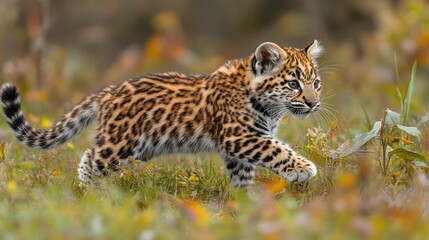 Obraz premium Adorable Amur Leopard Cub in Autumn Meadow