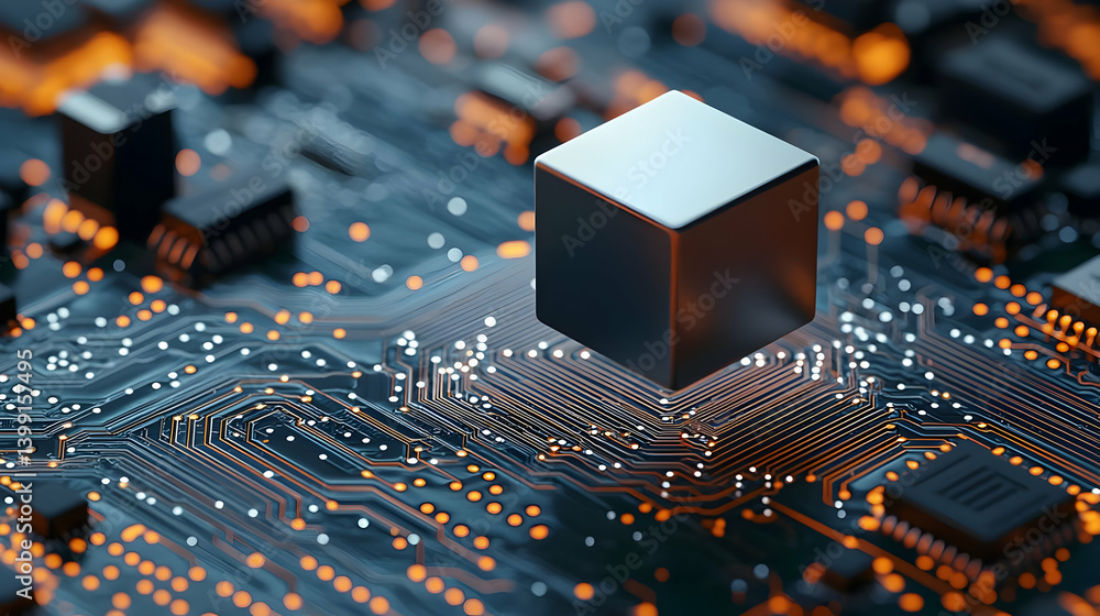 Poster abstract circuit board with glowing components and metallic cube