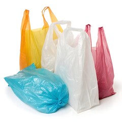 Assorted plastic shopping bags in various colors on a plain white background
