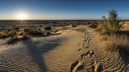The setting sun casts a long shadow across a vast, undulating expanse of Thar Desert sand dunes - habitat environmental expansive yellow dune