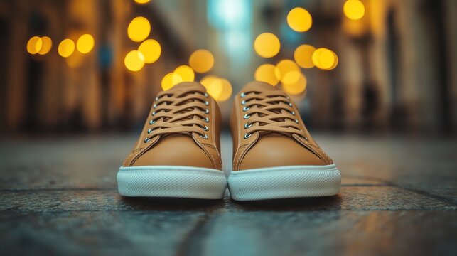 Stylish sneakers on concrete floor with blurred urban background and warm city lights