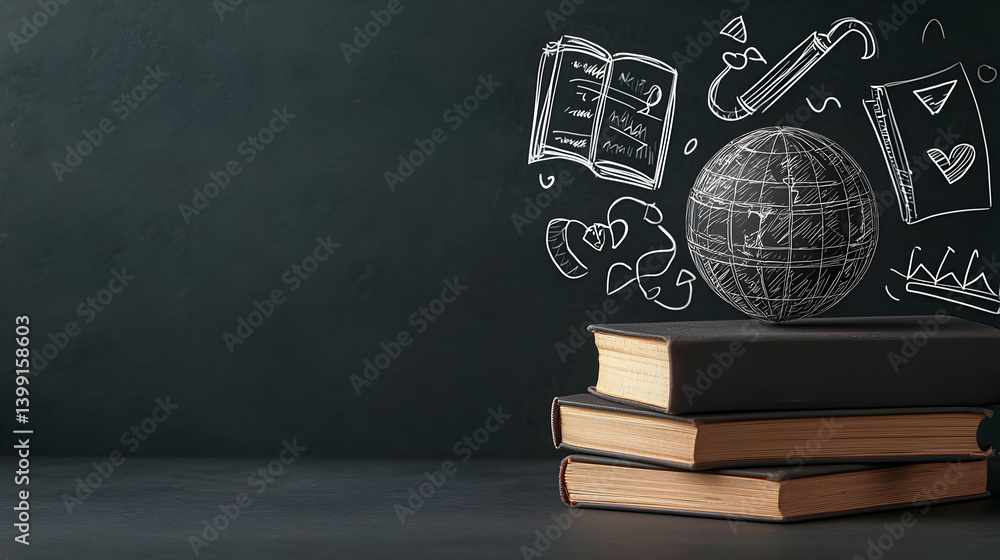 Poster stack of books with floating globe and chalkboard graphics