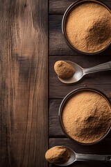 Organic Brown Sugar Powder in Bowls Spoons on Wood