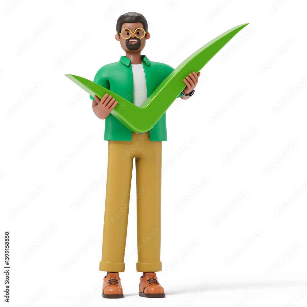 Poster man holding a large green checkmark, symbolizing approval or success. 3d rendering, conceptual image