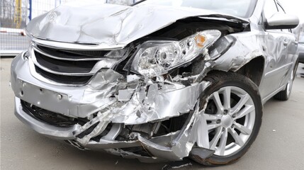 Crushed car front end after impact, extensive damage to bumper and hood -  wreck smash fender headlight