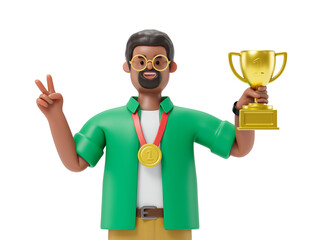Man with a gold medal and trophy, symbolizing victory and achievement. 3D rendering, conceptual image. Isolated on white background.