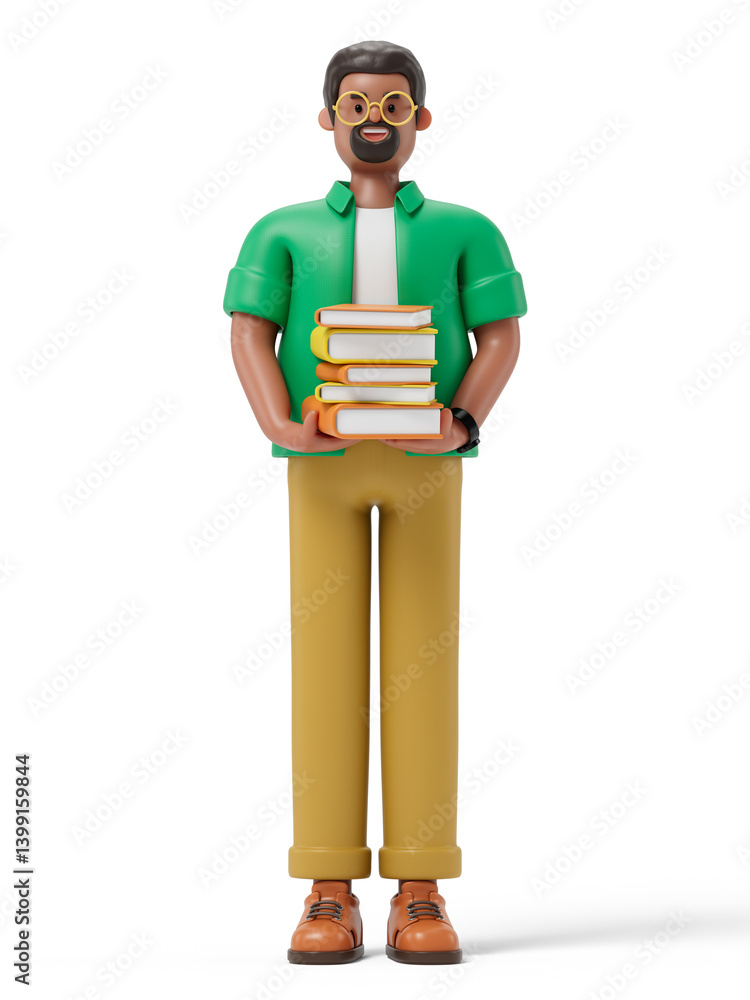 Poster man holding books, symbolizing knowledge or education. 3d rendering, conceptual image. isolated on w