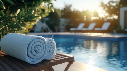 Obraz premium Tranquil poolside atmosphere showcasing neatly rolled towels on elegant lounge chairs by the water