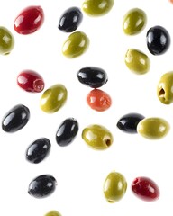Colorful Assortment of Fresh Green and Black Olives on White Background for Culinary Use