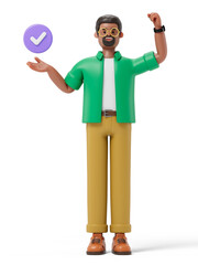 Man presenting a checkmark, symbolizing approval or correctness. 3D rendering, conceptual image. Isolated on white background.
