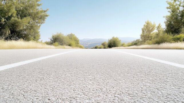 Asphalt Road Rural Landscape Bright Minimalist Style High-Resolution Ground Level View Smooth Texture Open Road Ahead Sunny Countryside Light Blue Hues Travel Advertisement