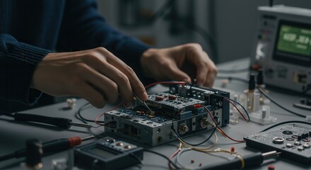Naklejka premium Engineer repairing electronic device using tweezers in a workshop setting