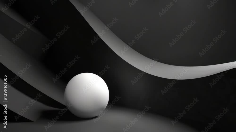 Poster minimalist abstract design white sphere amid smooth black and white curves, creating modern composit