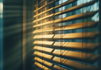 Sunlight Streaming Through Horizontal Blinds Creating Patterns on a Window Pane Surface