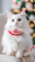 Fluffy Persian Cat in a Festive Ugly Sweater Poses on a Vintage Armchair With Holiday Decorations in Folsom Lake, California