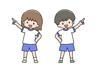 指差しポーズをする体操服の子どもたち