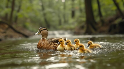 Fototapeta premium Mother Duck and Ducklings in a Forest Stream