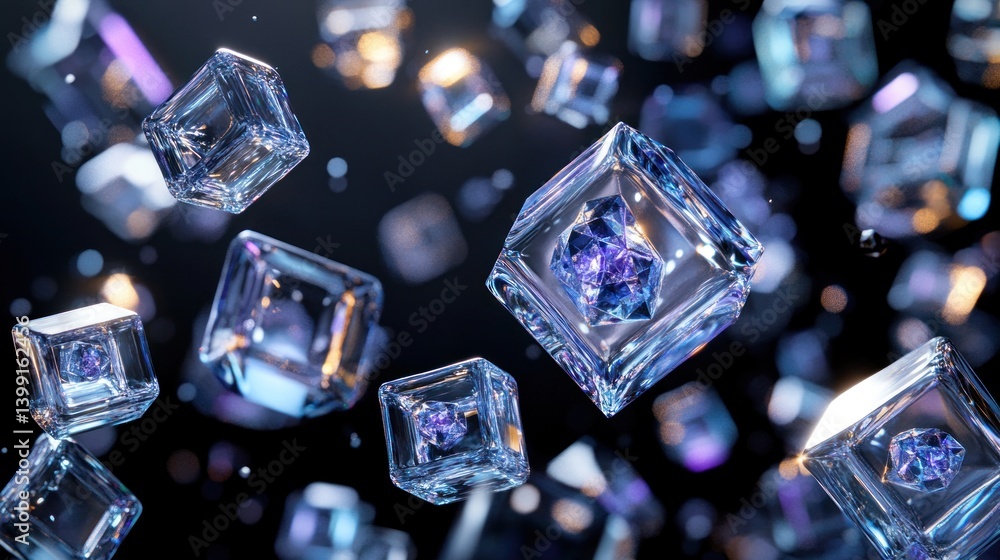 Poster sparkling, translucent ice cubes float in a dark, ethereal space.