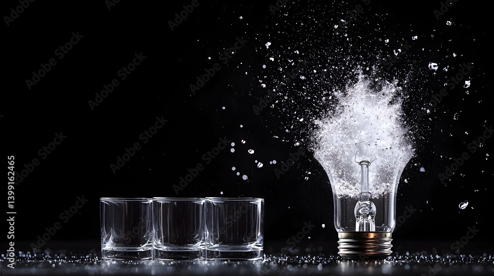 Poster exploding lightbulb with water splash on black background