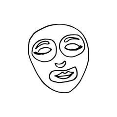 Woman's face wearing a sheet mask doodle cartoon vector beauty icon.