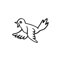 Bird flying in midair with an open beak doodle cartoon vector animal.