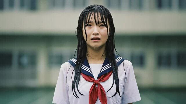 校庭で、ずぶ濡れの女子高生が泣きそうになりながら近づく