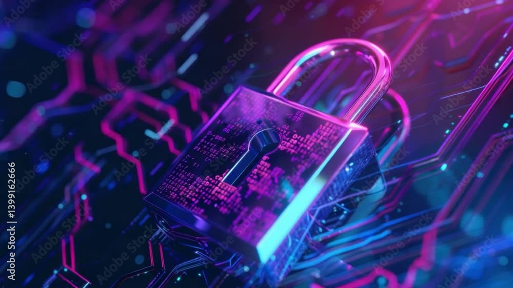 Poster digital padlock symbol of cybersecurity and data protection in neon circuits, emphasizing encryption