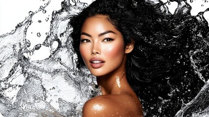 A beautiful woman with flowing hair appears amidst splashing water, showcasing a radiant, glowing complexion and dynamic energy.