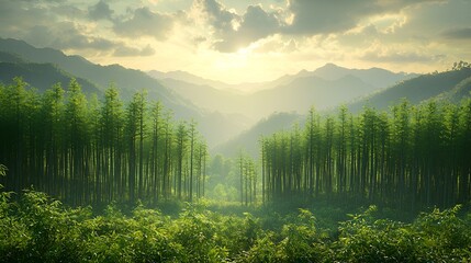 Fototapeta premium Lush Bamboo Forest Valley at Sunrise