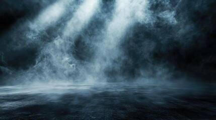 A dramatic scene featuring beams of light piercing through a smoky atmosphere. creating an ethereal backdrop suitable for artistic performances or photography