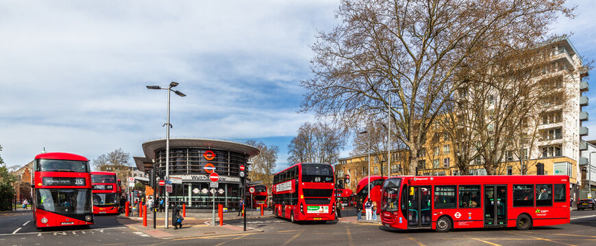 Walthamstow Central station on the London Underground Victoria Line and the National Rail Chingford Branch. Shot 8 April 2025.