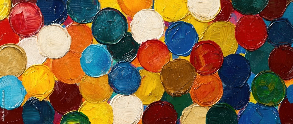 Aufkleber a vibrant abstract painting composed of colorful circular dots in various sizes. set against a deep 