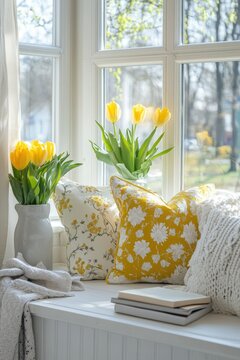 Cozy interior scene featuring decorative pillows in a sunny window nook. adorned with a bouquet of tulips. creating a warm and inviting atmosphere perfect for relaxation
