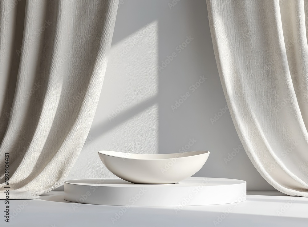 Poster a minimalist still life featuring a white bowl elegantly placed on a circular pedestal. with soft fa