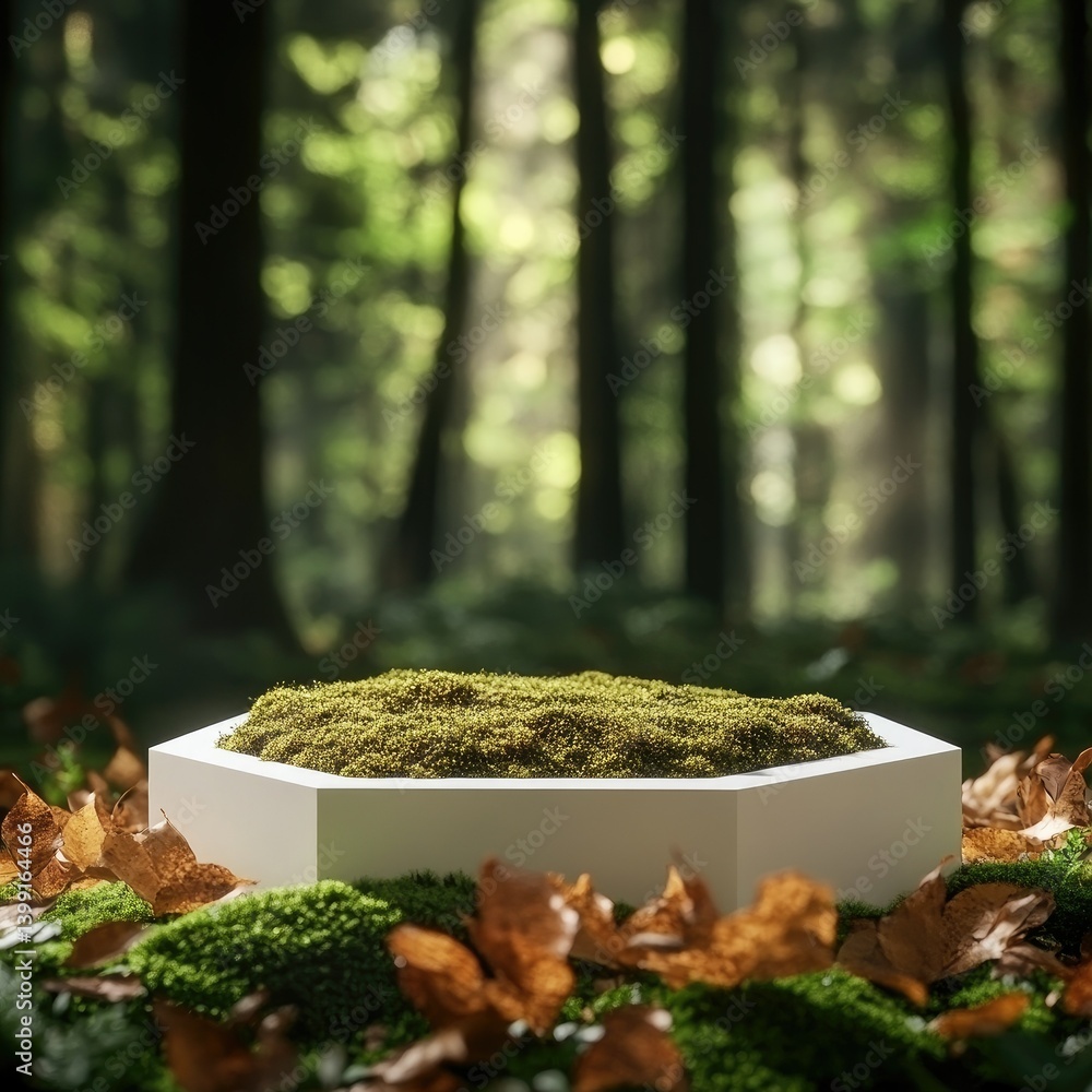 Poster a serene forest scene featuring a white stone structure adorned with vibrant moss. surrounded by fal