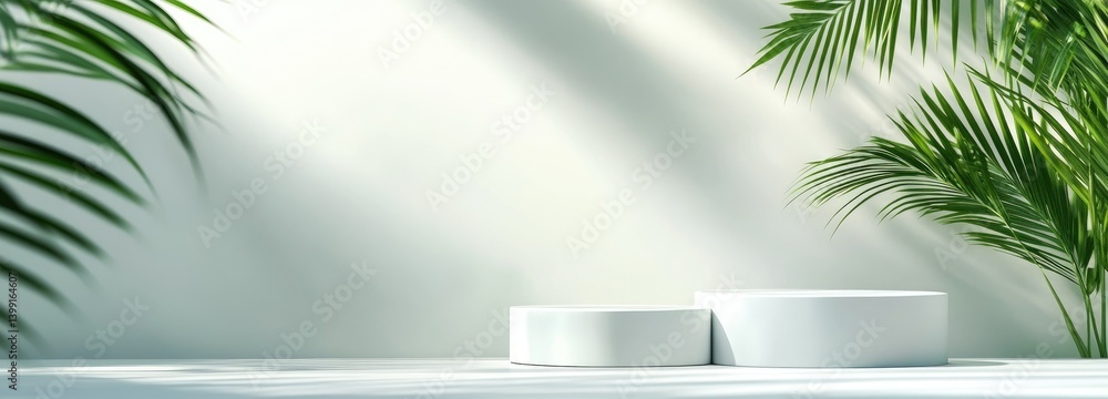 Poster a minimalist display featuring a round pedestal on a clean surface. surrounded by lush green palm le