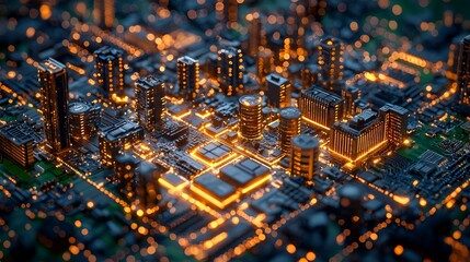 Illuminated cityscape built on circuit board