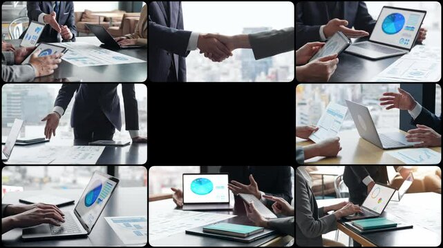 Collage footage of various business scenes for teamwork, corporate management and marketing concepts