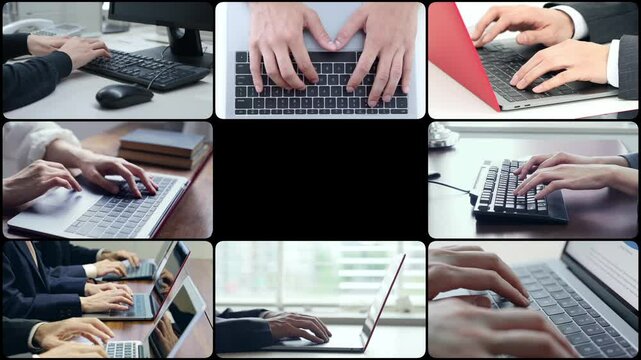 様々なノートパソコン使用シーンのコラージュ映像