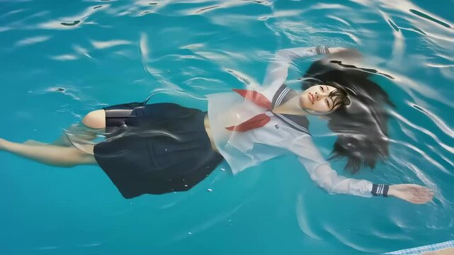 セーラー服を着た女子高生が水面たゆたう