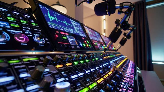 radio dj equipment lights up row of advanced mixers, radio dj equipment fine-tunes crisp audio smoothly in sleek booth, radio dj equipment empowers broadcast flow synergy. Concept sonic synergy