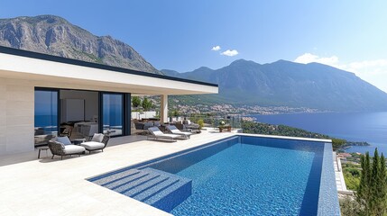 Fototapeta premium Mountain view from luxurious villa with pool, inviting outdoor seating, and tranquil azure waters